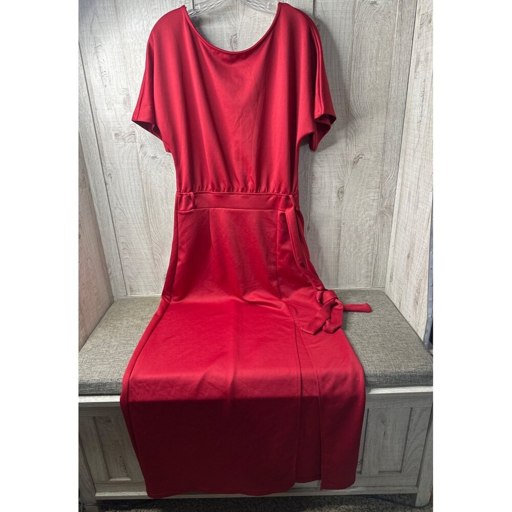 Womens Dark Red Midi Dress Medium w/ Side Tie Waist & Keyhole Back Cocktail